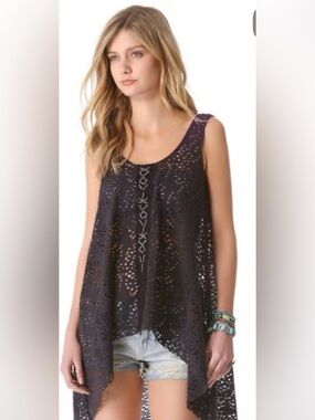Free People Black Crochet Lace Hi-Lo Tunic Tank Boho Festival Top XS